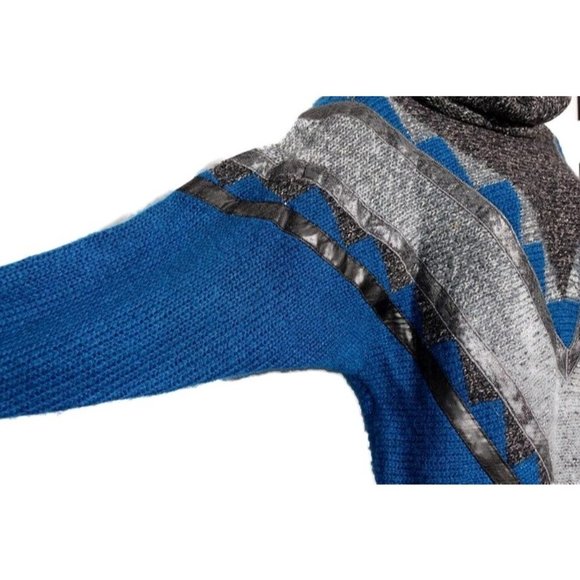 Vintage Snakeskin Leather Sweater Teal Blue & Gray Oversized Cowl Neck Pullover - Picture 4 of 10